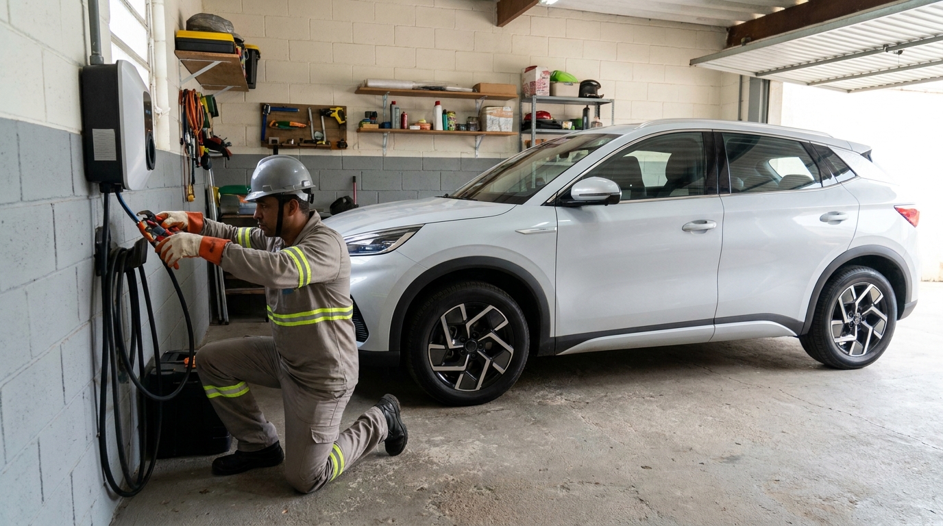 Eletricista instalando carregador de carro eletrico em Americana‑SP