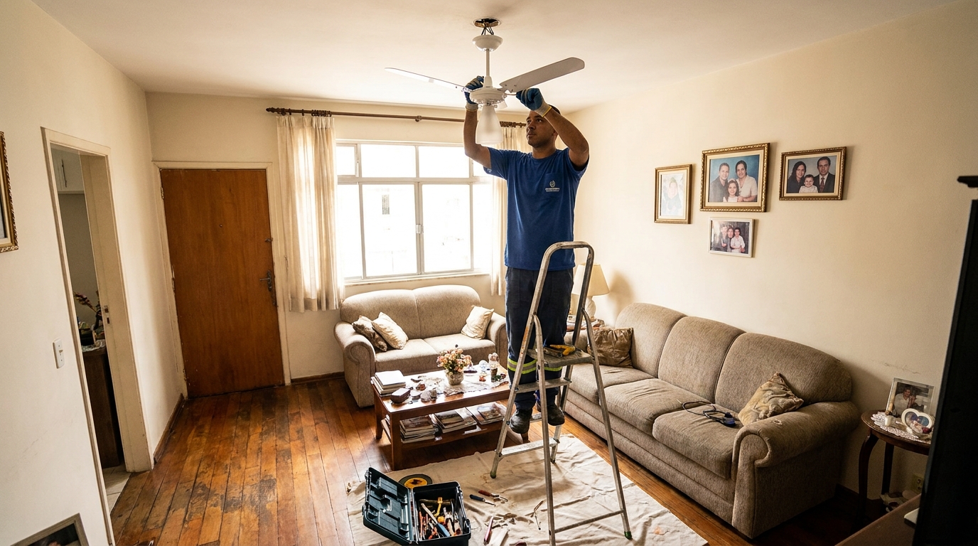 Eletricista instalando ventilador de teto em Americana‑SP